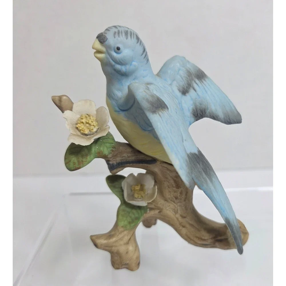 Vintage Ceramic Blue Bird Figurine On Branch With Applied Flowers